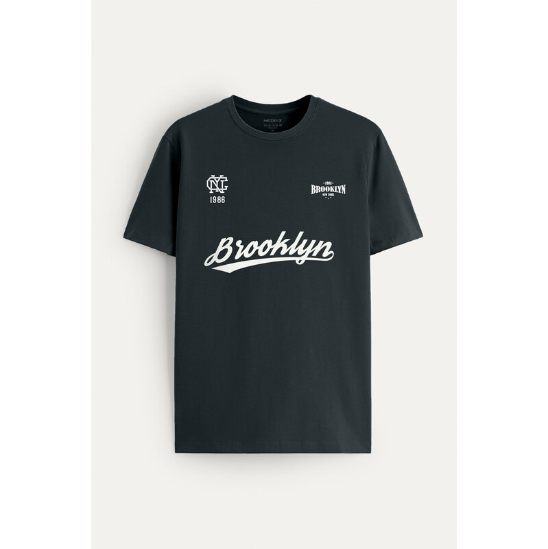 Tričko, Barva Železitě Šedá, s Potiskem Brooklyn 1986