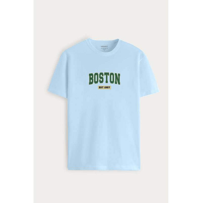 Tričko, Barva Nebesky Modrá , s Potiskem Boston Vintage