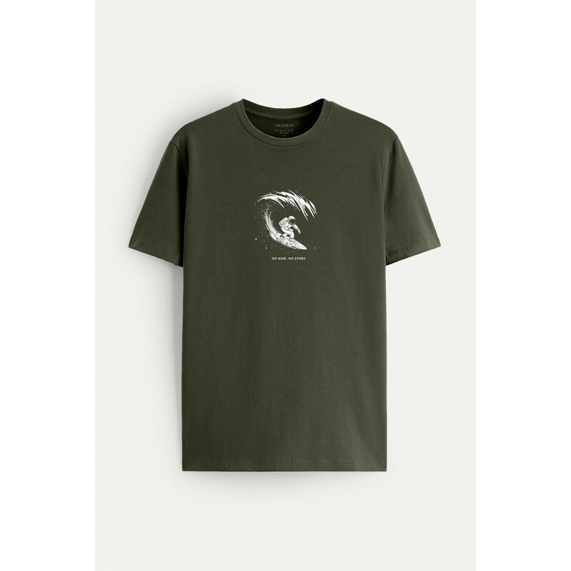 Tričko, Barva Khaki, s Potiskem Moon Surfer