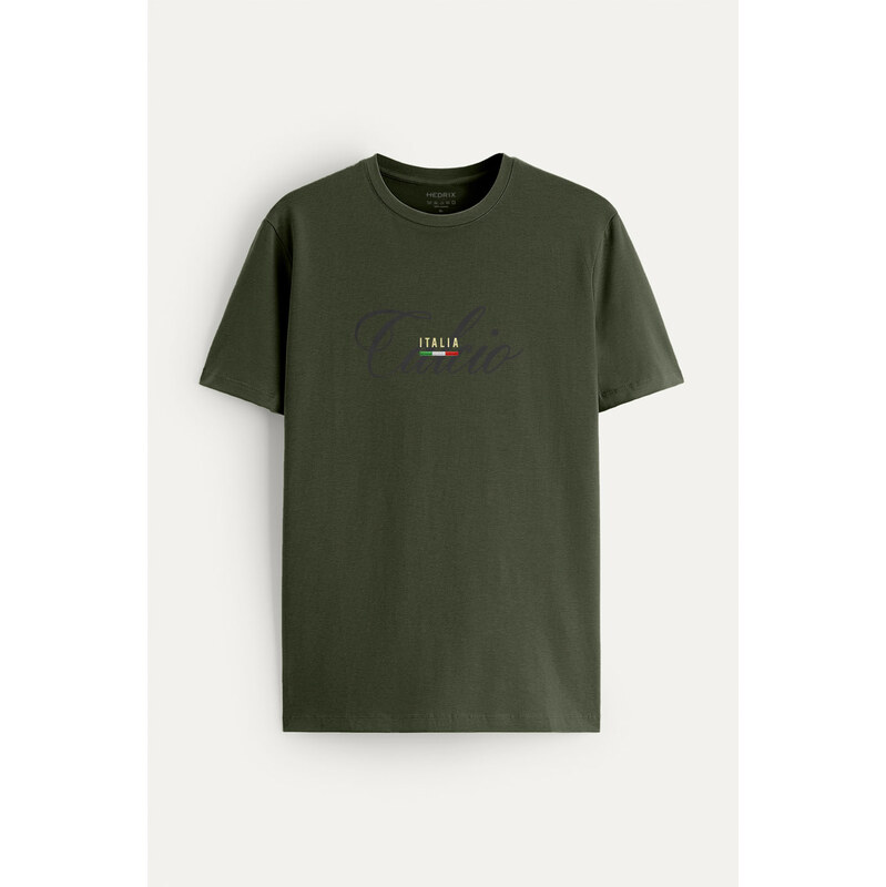 Tričko, Barva Khaki, s Potiskem Calcio Noir