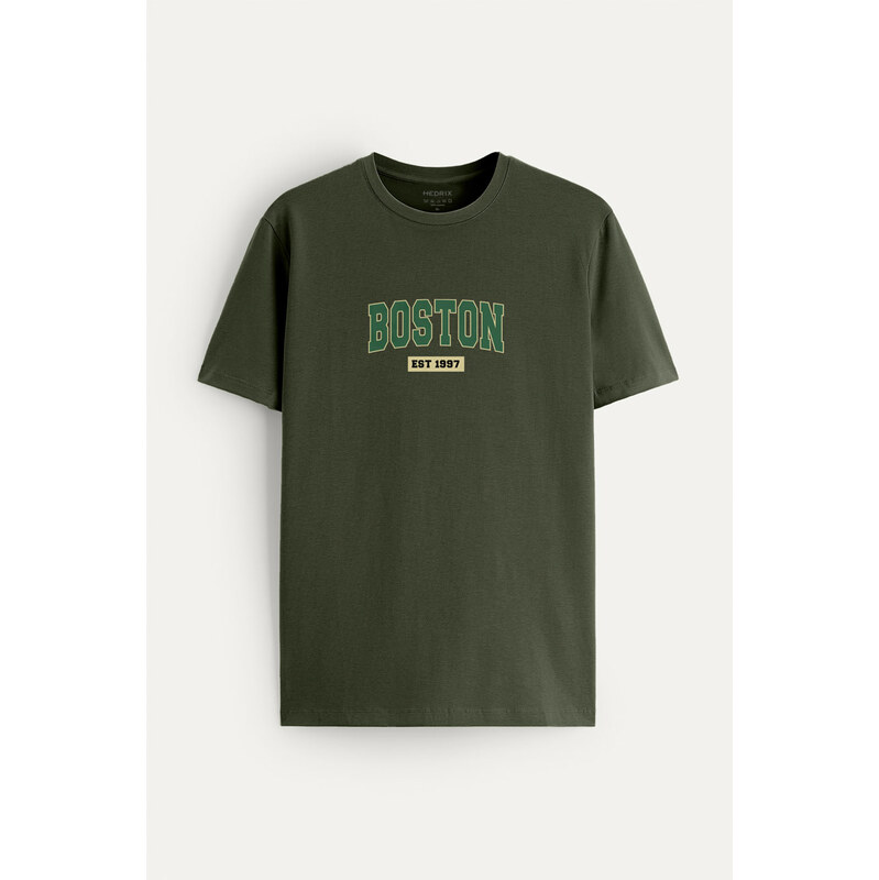 Tričko, Barva Khaki, s Potiskem Boston Vintage