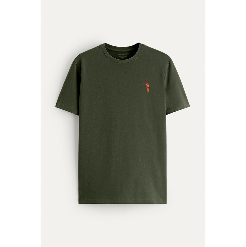 Tričko, Barva Khaki, s Potiskem Palm Parrot
