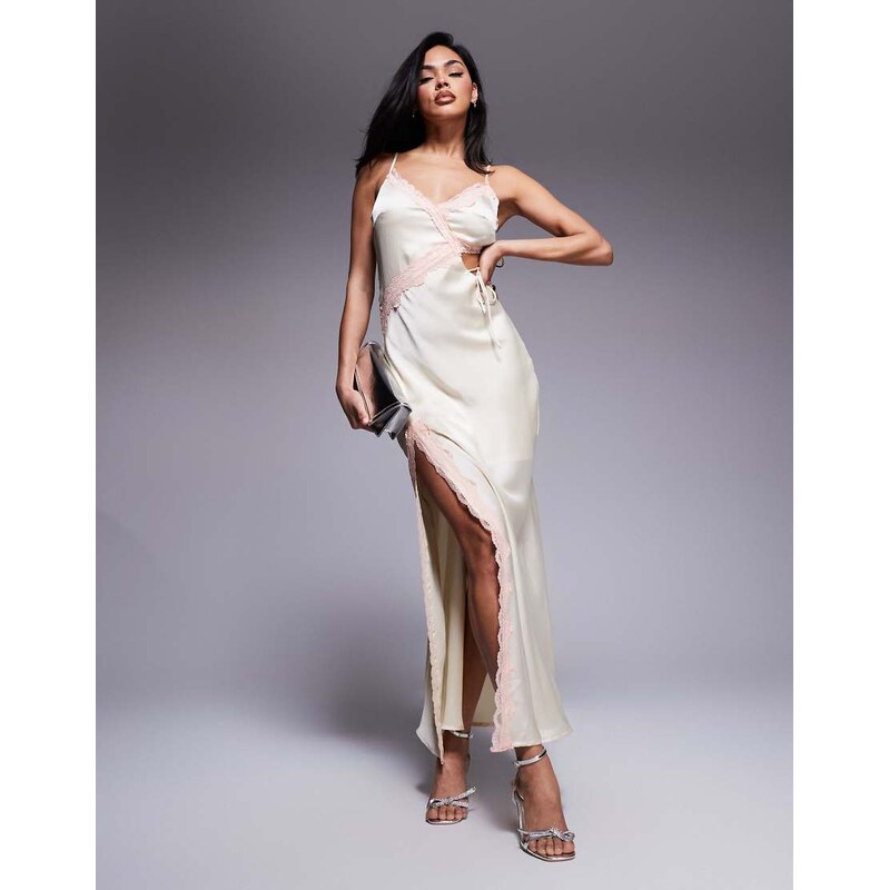 Love Triangle satin cut-out maxi dress with lace trim in apricot 105877200