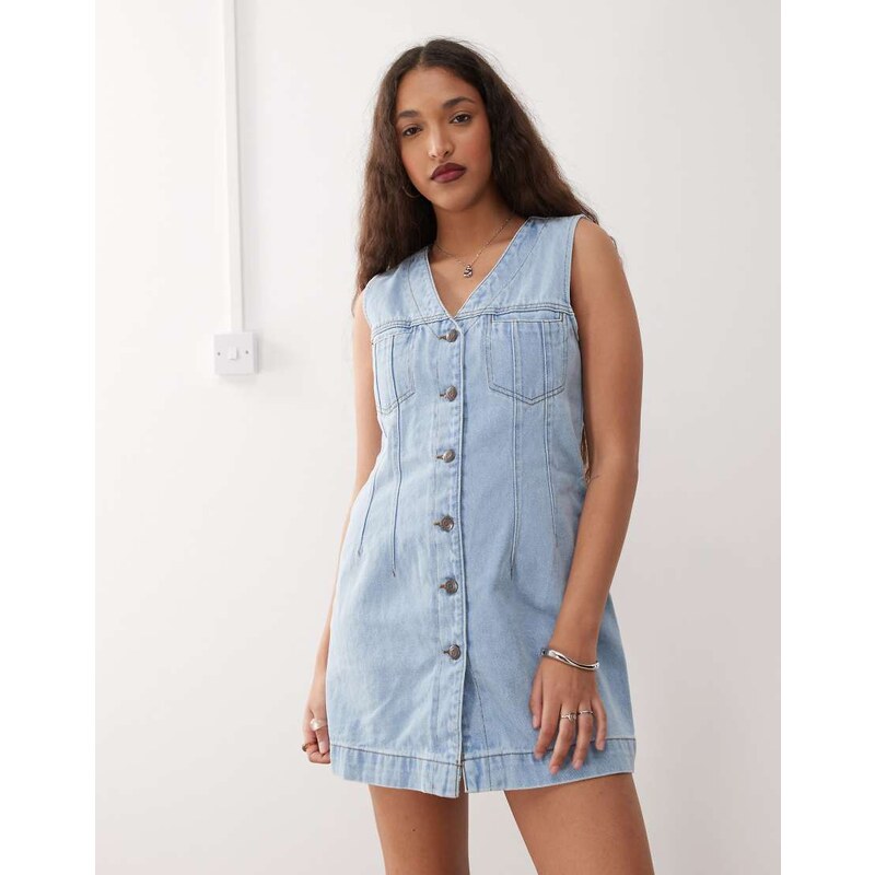 Noisy May denim waistcoat mini dress in light blue wash 105708634