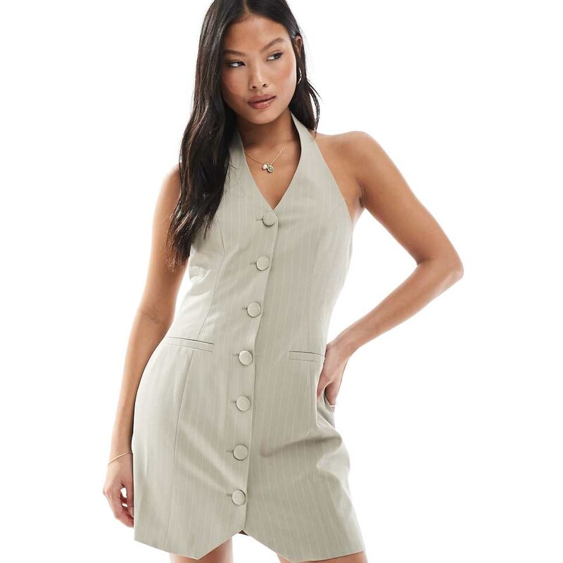 Miss Selfridge Petite tailored halter mini dress in pinstripe-White 106256950