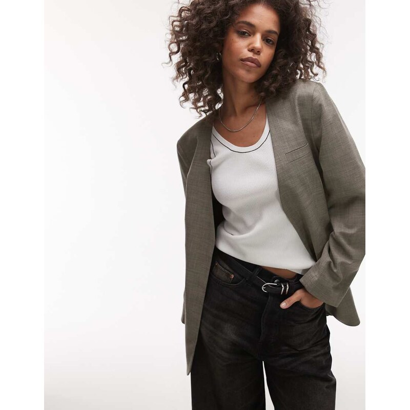 Topshop collarless chuck on blazer in grey check 106293356