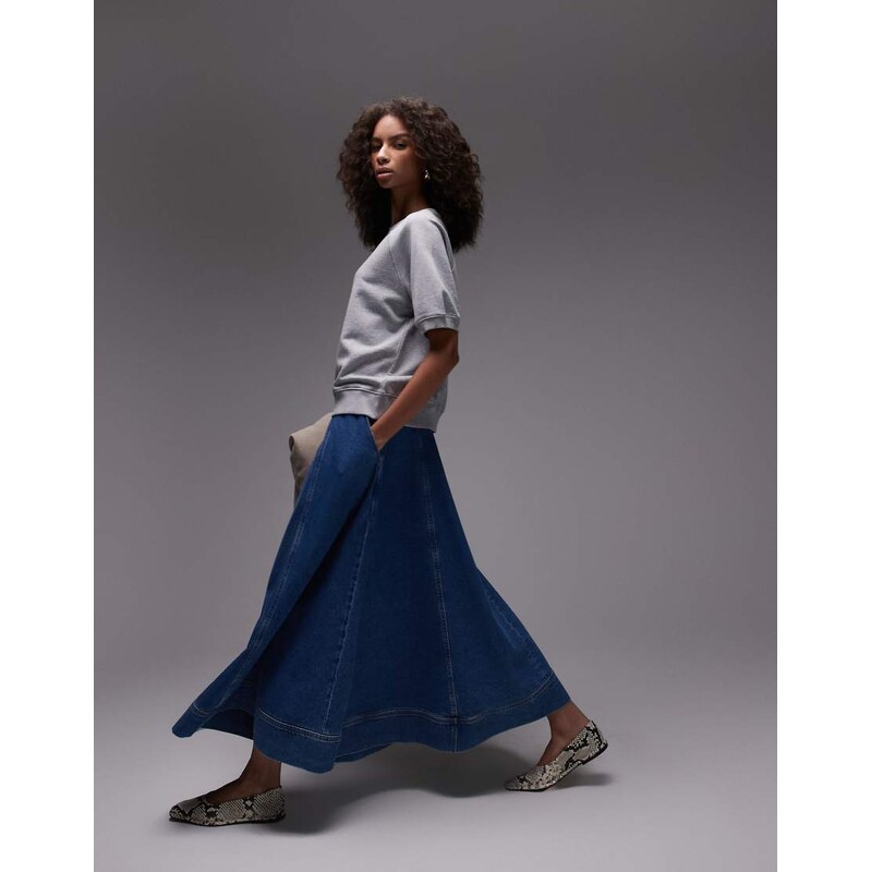 Topshop denim full maxi skirt in mid blue