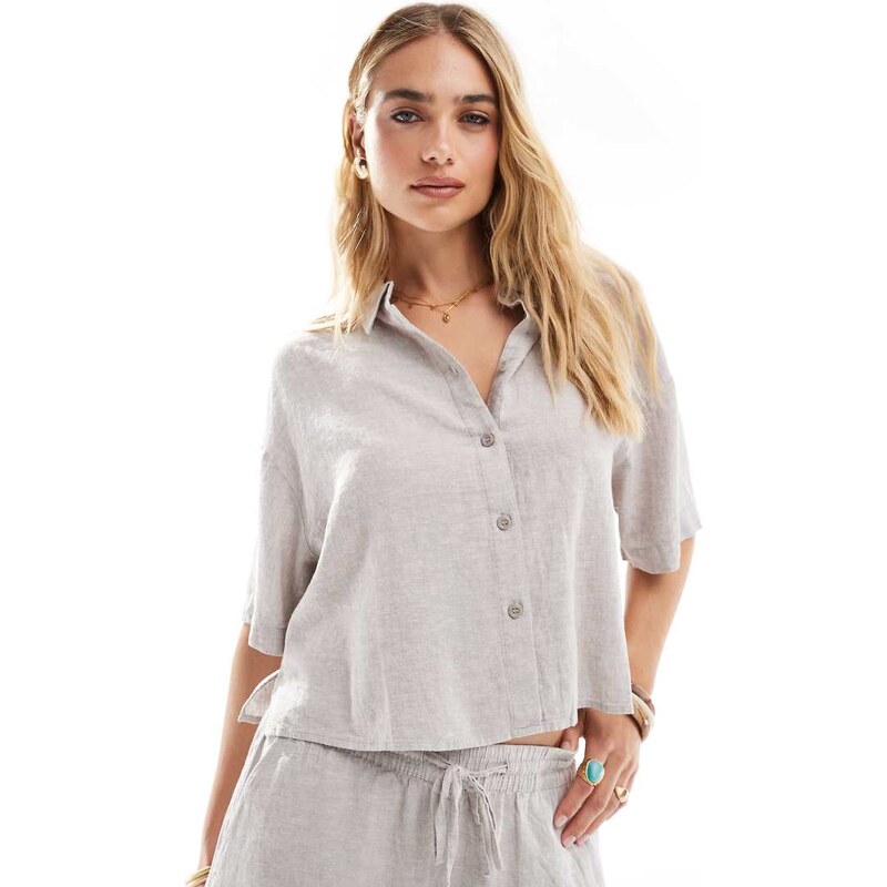 Vero Moda linen touch boxy cropped shirt co-ord in moon rock-Neutral 115591368