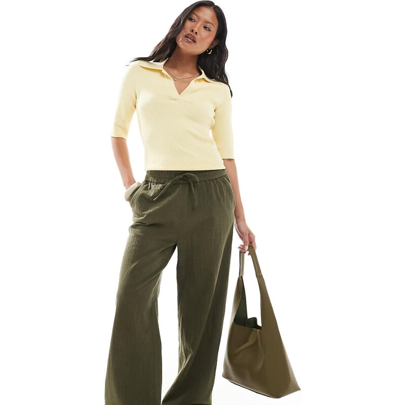ONLY Petite wide leg linen look trousers in khaki-Green