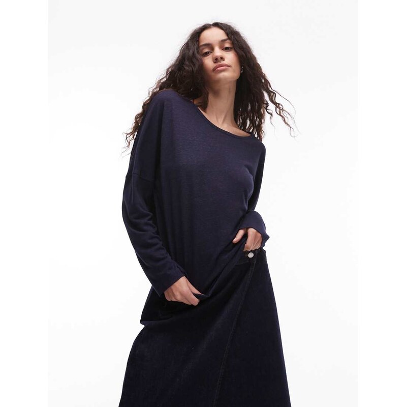 ARKET linen blend relaxed top with seamed long sleeves in navy blue 105882478