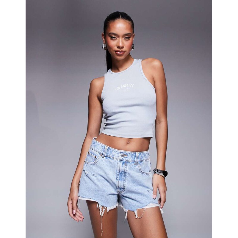 ASOS DESIGN denim relaxed short with rips in pale wash-Blue 115527363