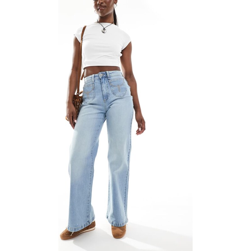 Cotton On stretch wide leg jeans in sunfaded blue 105754324