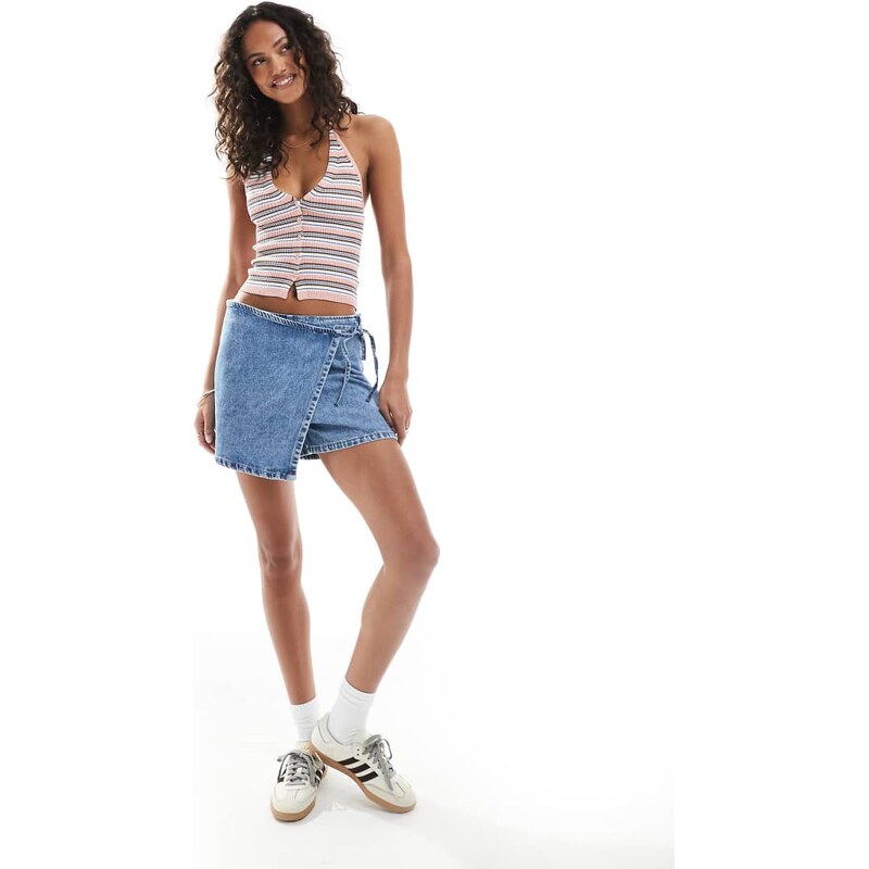 ASOS DESIGN denim a-line skort in midwash blue 105754333
