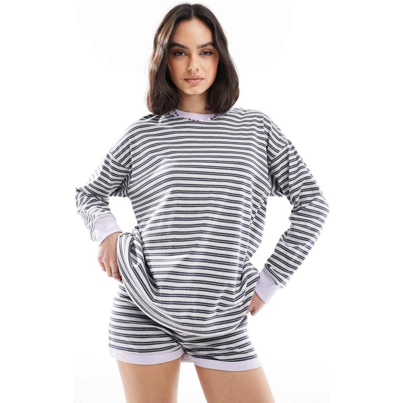 Cotton On striped long sleeve lounge co-ord top in black and grey 105754346