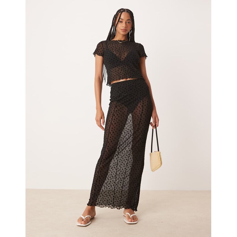 ASOS DESIGN floral flocked sheer mesh maxi skirt in black
