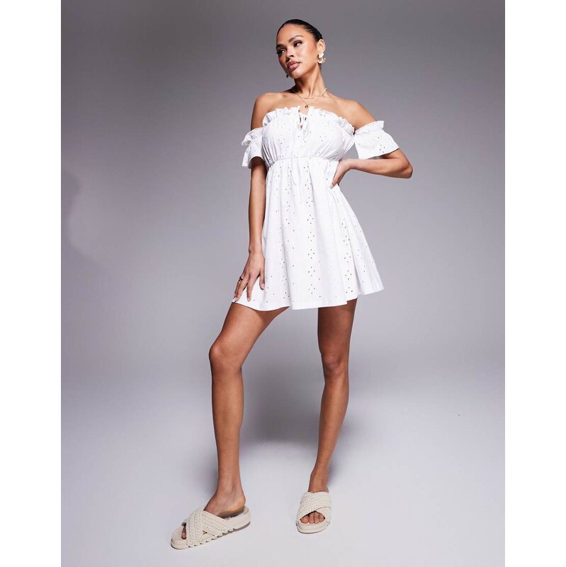 ASOS DESIGN broderie frill bardot mini dress in white