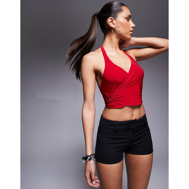Missyempire slinky plunge halterneck ring detail wrap top in red 105762609