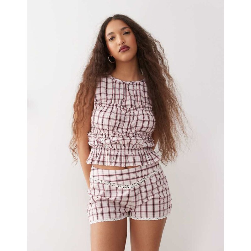 Reclaimed Vintage shirred top with seam details in pink check-Multi 105840548