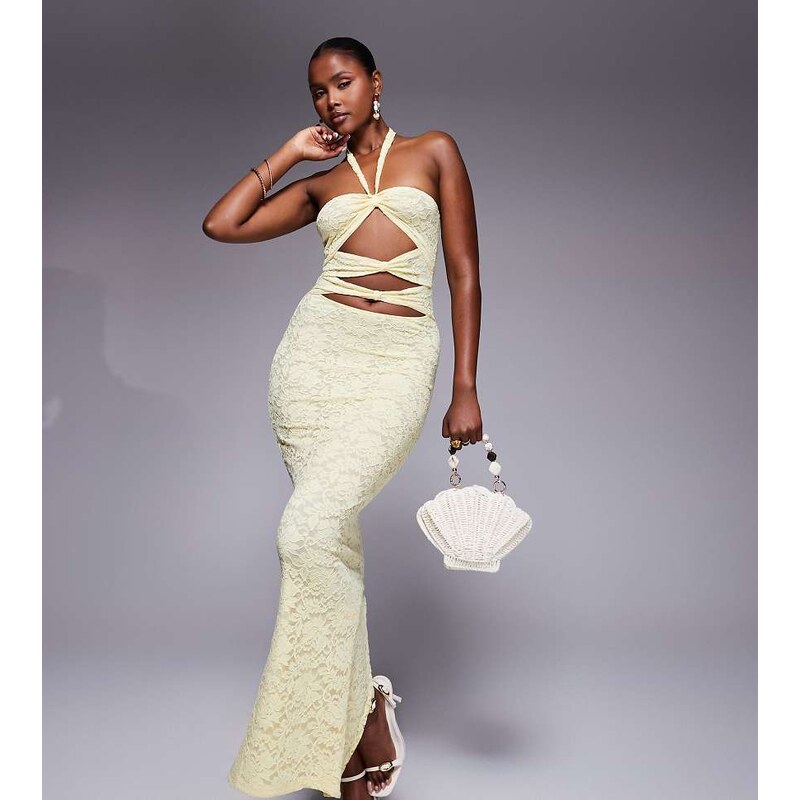 Murci exclusive lace halterneck cut out maxi dress in yellow