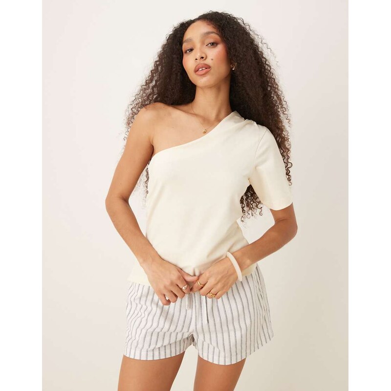 ASOS DESIGN one shoulder ruched waist top in cream-White 105762492