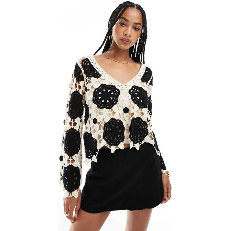 Object premium long sleeve crochet top in monochrome-White 105757346