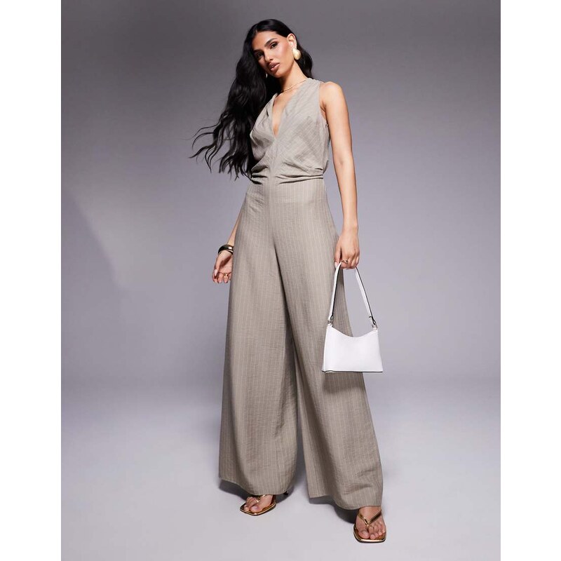 ASOS DESIGN ruched waist detail v neck jumpsuit in stripe-Grey 105757350
