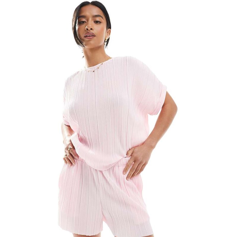 Vero Moda Petite plisse short co-ord in pink
