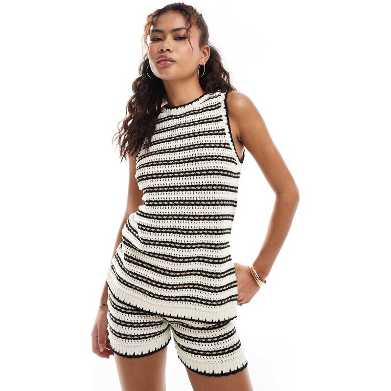 Vero Moda crochet stripe sleeveless longline top co-ord in black