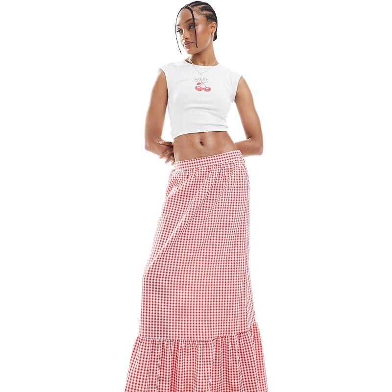 Vero Moda Tall tiered hem maxi skirt in red gingham print 105757379