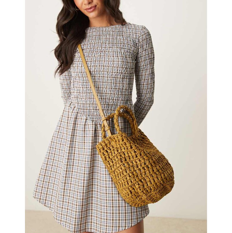 Mango raffia bucket bag with linning in tan-Brown 105757396