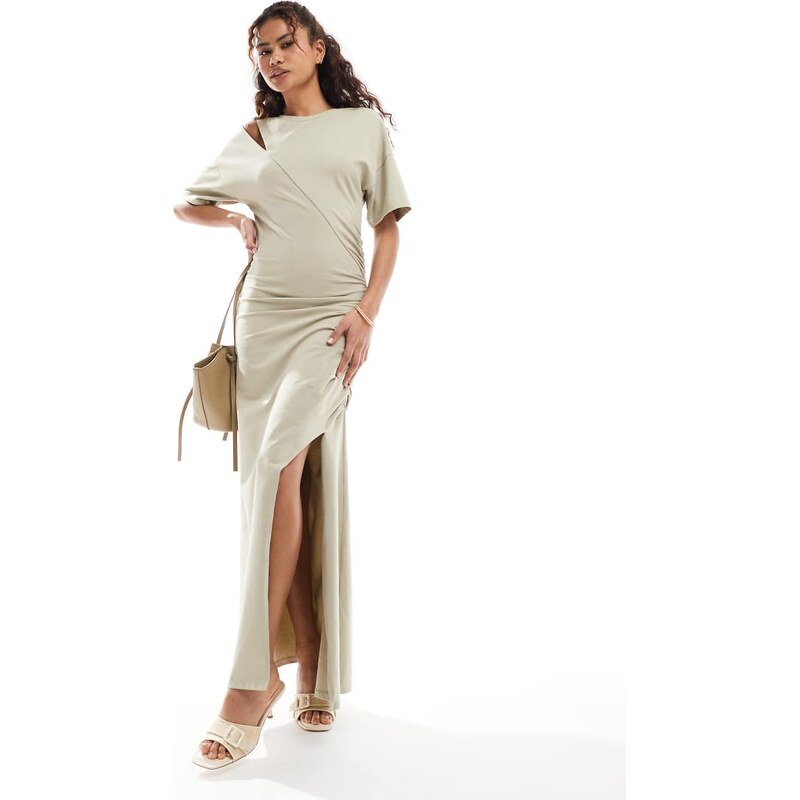 ASOS DESIGN slash ruched front T-shirt maxi dress in stone