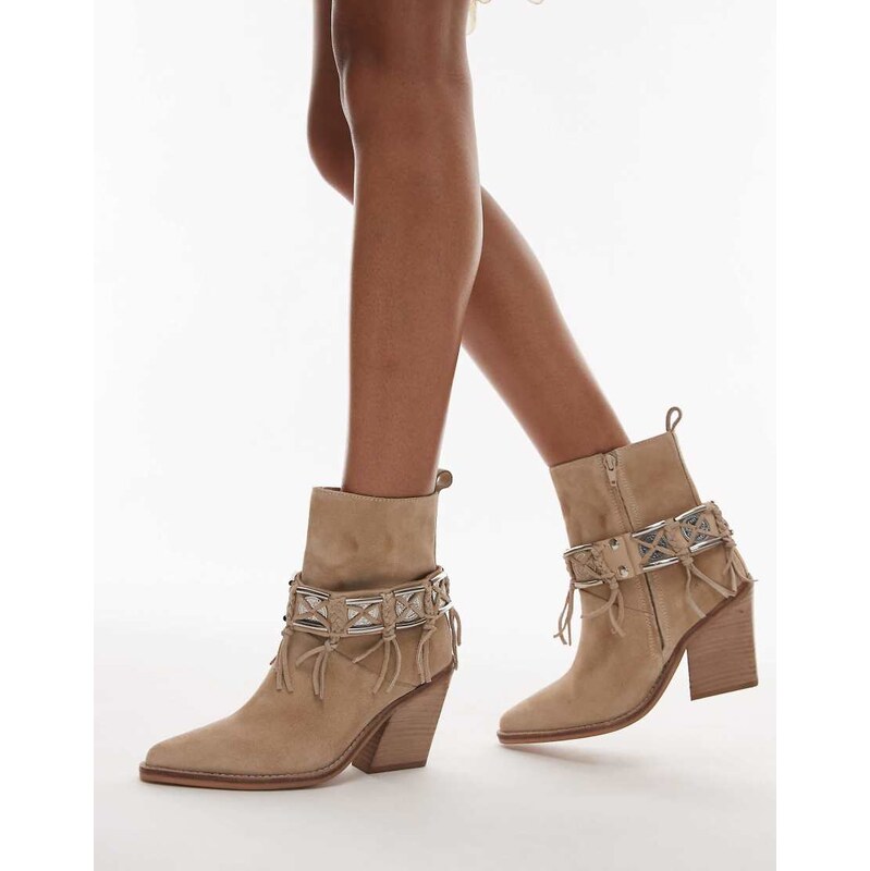Bronx New-kole fringe western ankle boots in oatmilk suede-White 105830578