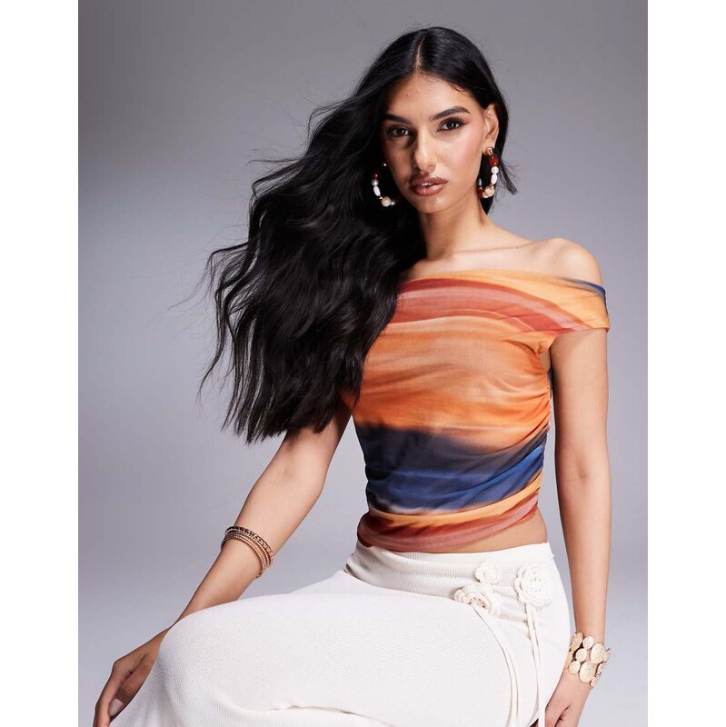 ASOS DESIGN mesh abstract off shoulder top in multi stripe
