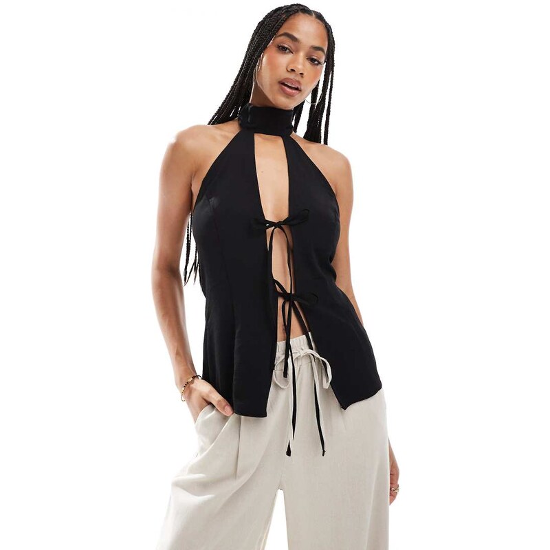 ASOS DESIGN tie detail halter top in black 105762523
