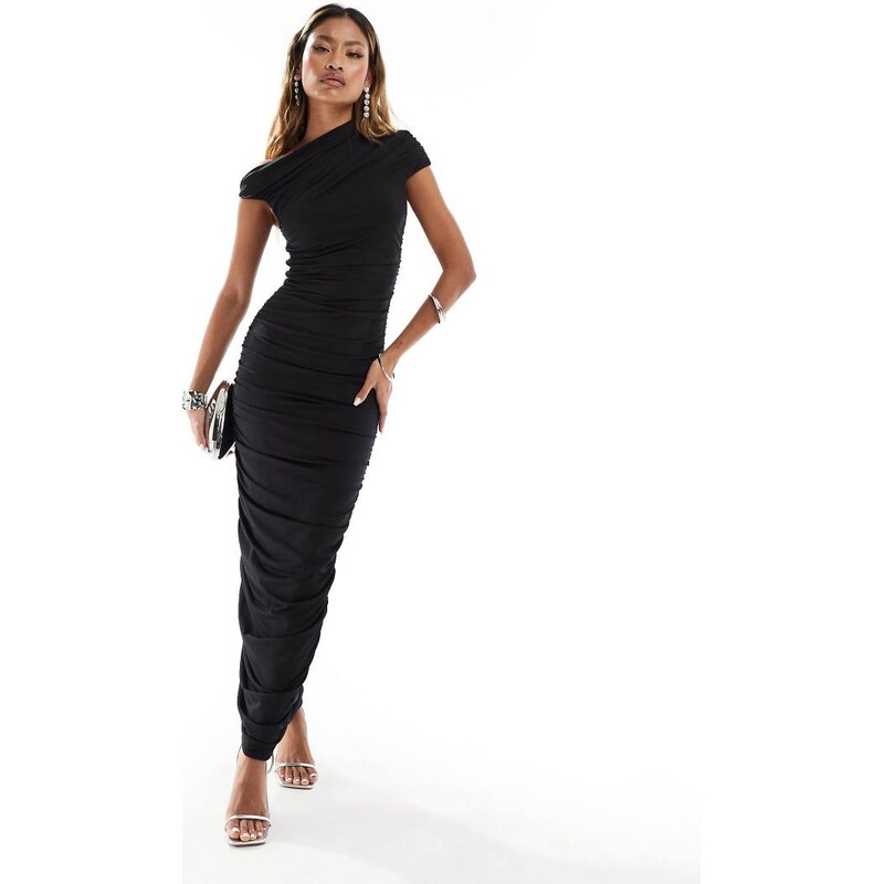 Aria Cove double layered slinky ruched off shoulder maxi dress in 106068308