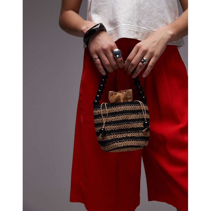 Topshop Gevvie beaded handle straw bag in black stripe-Multi 105762470