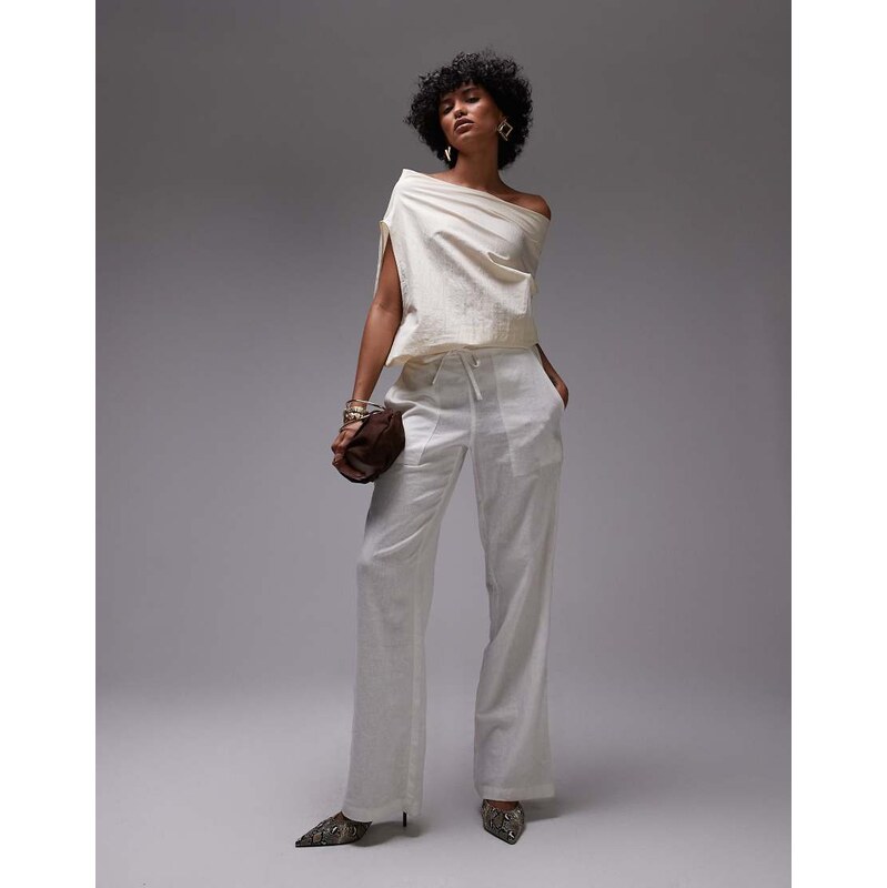 Mango satin touch ruched off shoulder top in ecru-Neutral 105762528