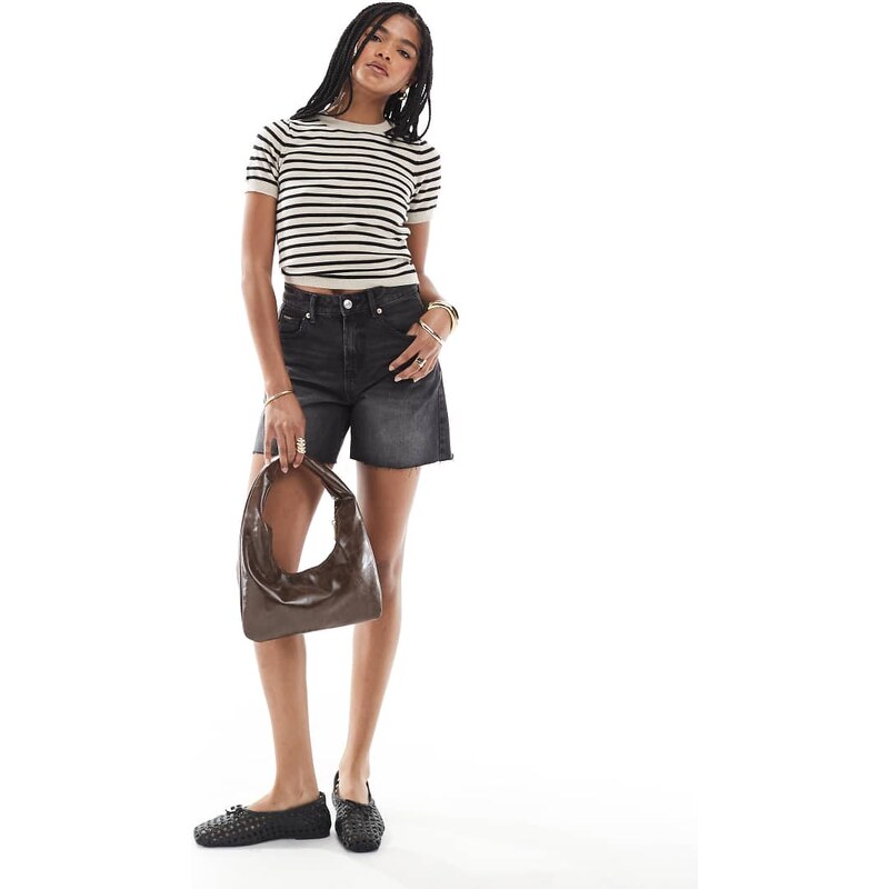 Stradivarius D93 longline denim shorts in dark grey