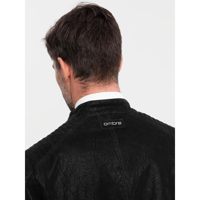 Ombre Mens retro-style biker jacket with stand-up collar - black