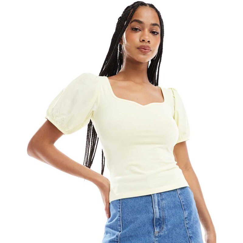 ASOS DESIGN poplin mix puff sleeve sweetheart top in buttermilk yellow 105768022