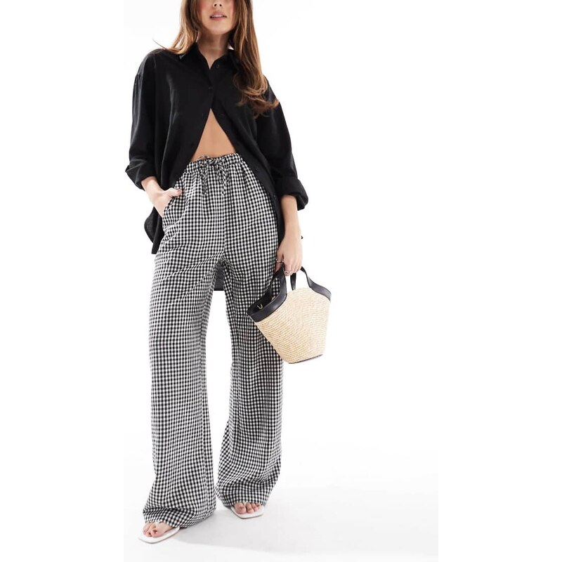 Threadbare gingham tie waist wide leg trousers in black and