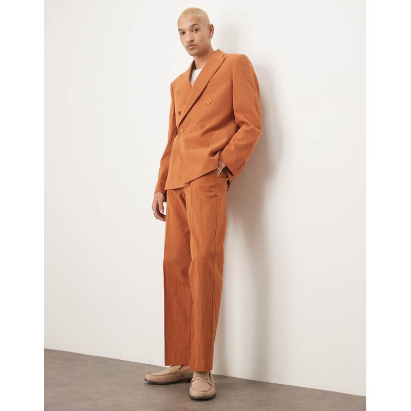 ASOS DESIGN straight suit trousers in rust crinkle texture-Red