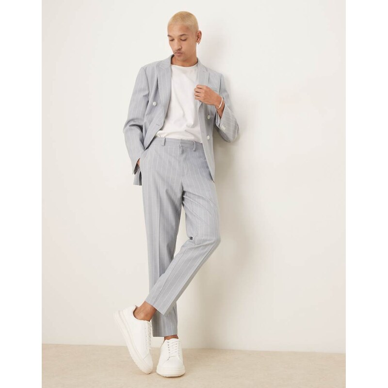 ASOS DESIGN tapered suit trousers in blue pinstripe with linen