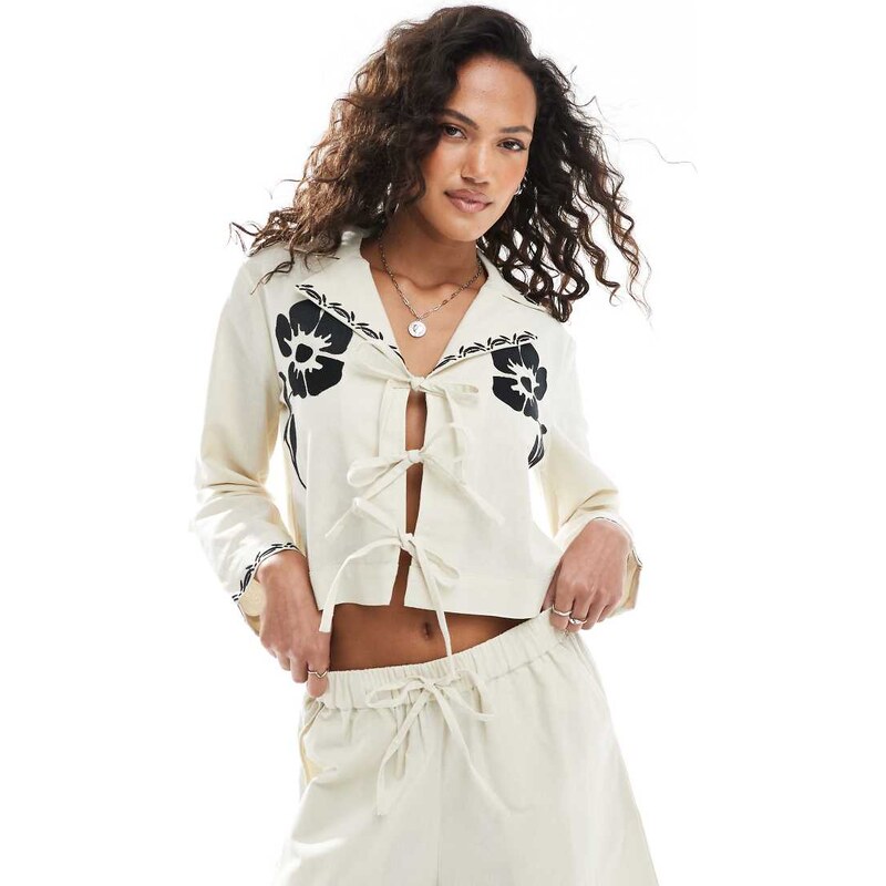 Native Youth embroidered tie detail shirt co-ord in stone-Neutral 105785566