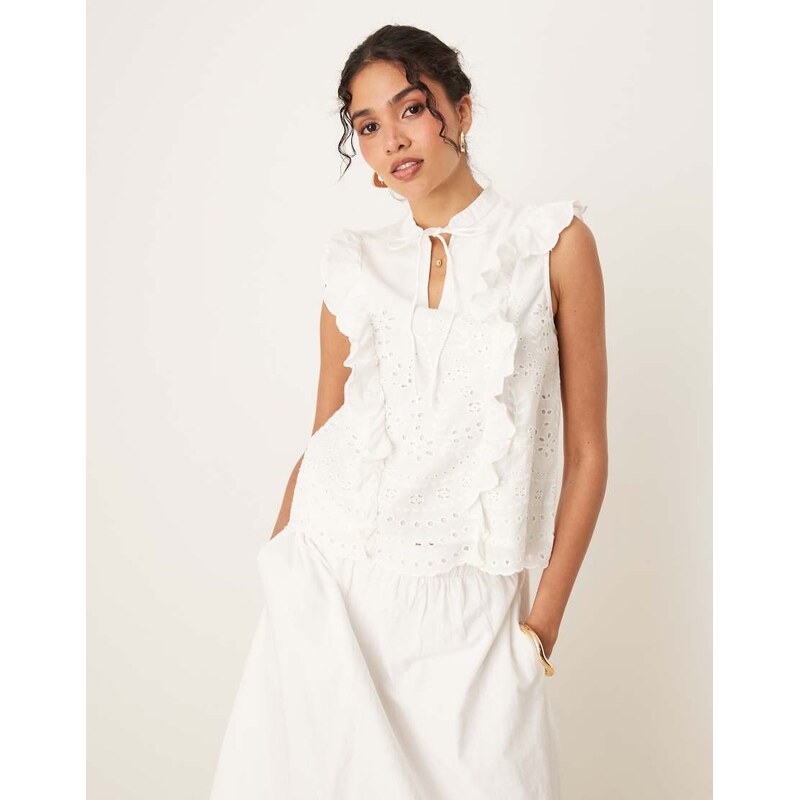 YAS broderie frill detail tie neck top co-ord in white
