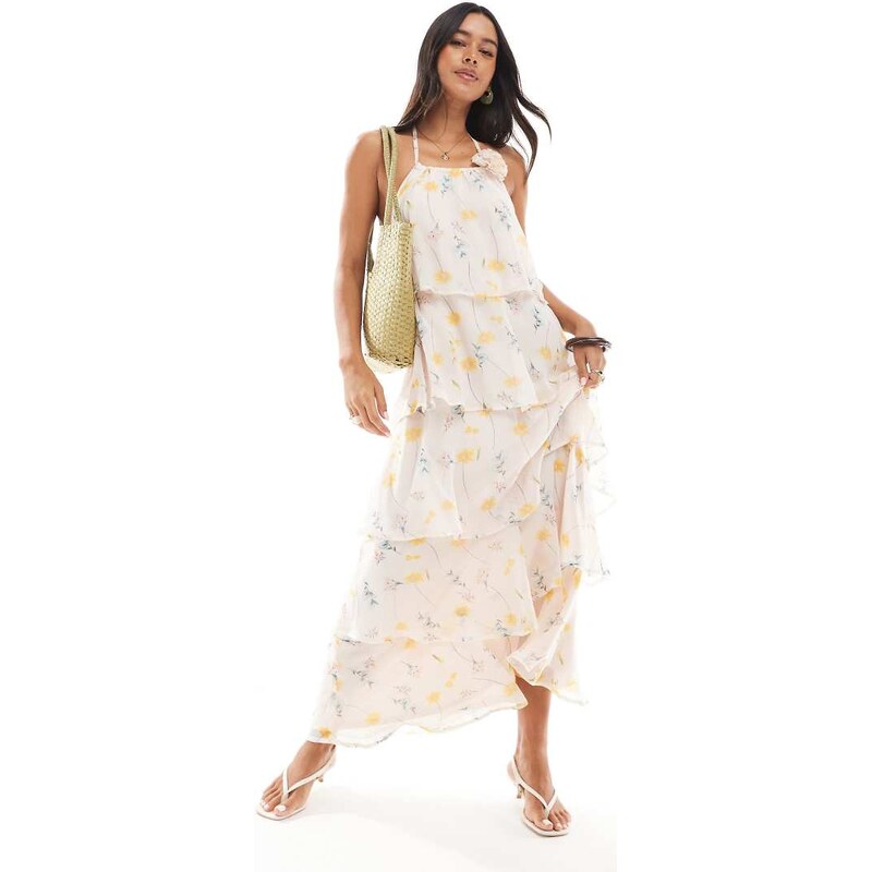 Pieces ruffle tiered maxi dress with corsage detail in pale pink