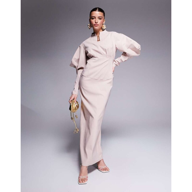 Daska structured balloon sleeve maxi dress in sand-Brown 109585771