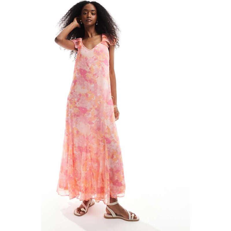 Vero Moda Smilla flutter sleeve ankle dress in pink blurred