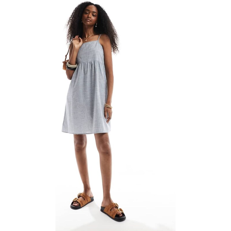 Pieces shirred floaty cami mini dress in blue stripe 105785839