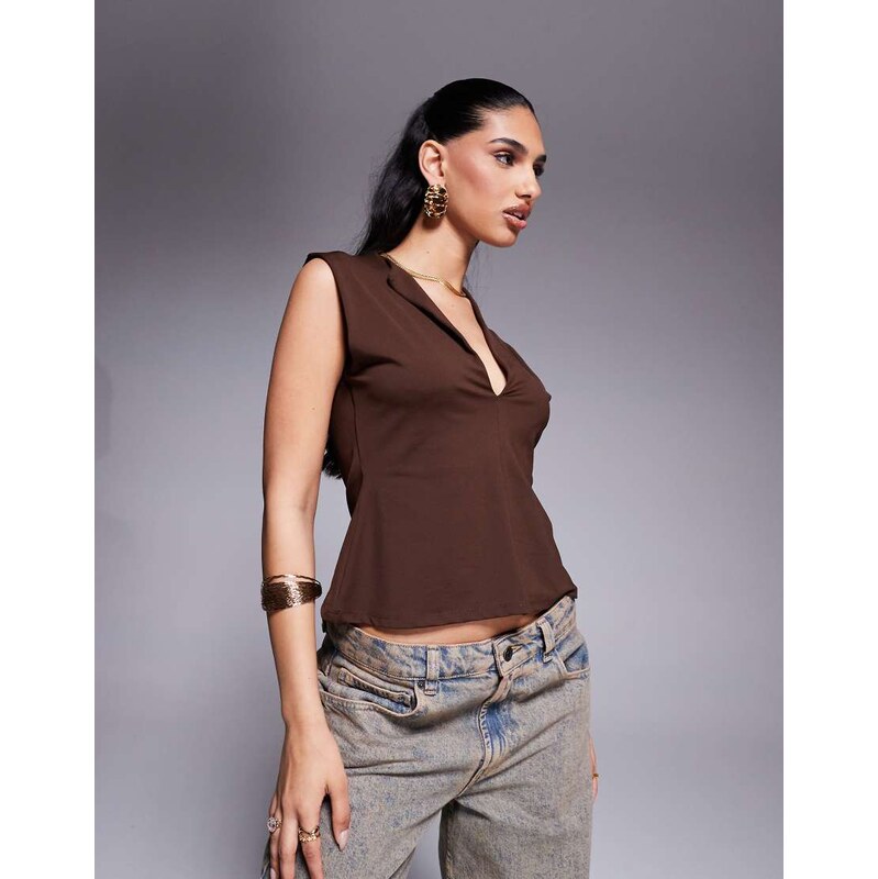 ASOS DESIGN polyamide plunge top with cinched waist in chocolate-Brown 105884574